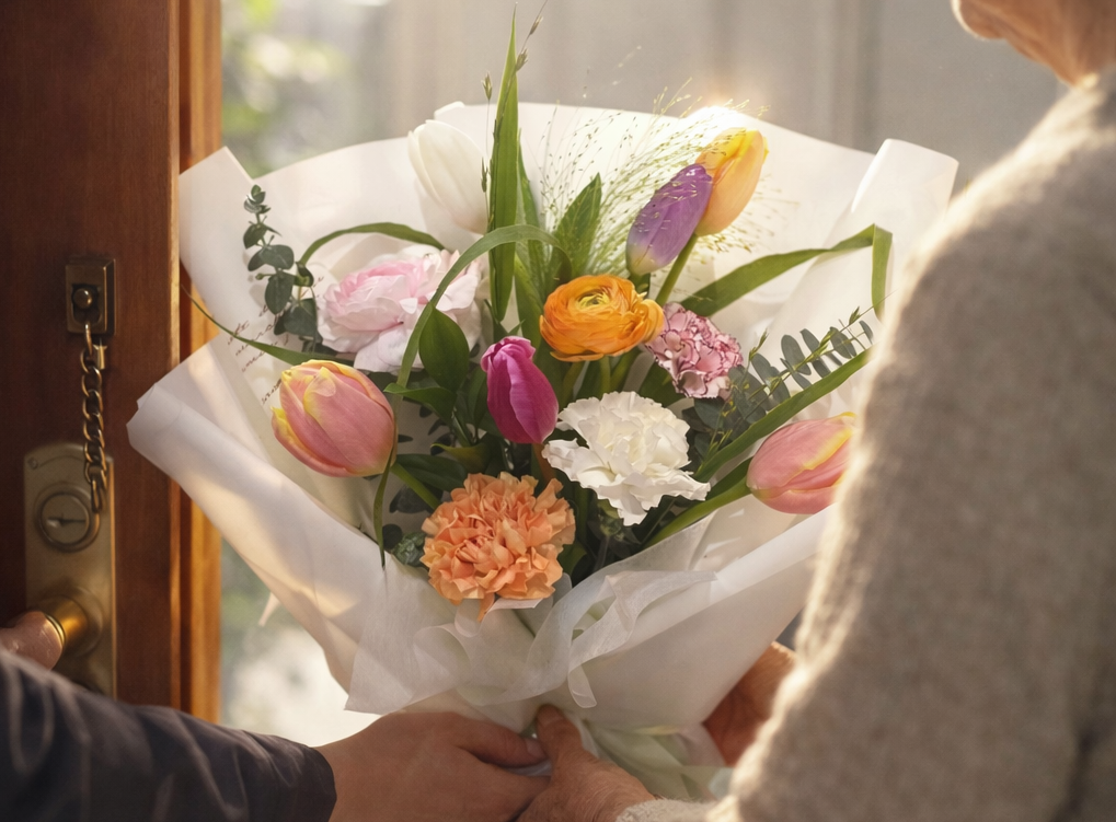 문 앞에서 부모님 정년퇴직 선물 꽃 전달해주는 이미지. 출처 - 플라워블루헨(c) / 배경 Chatgpt 생성